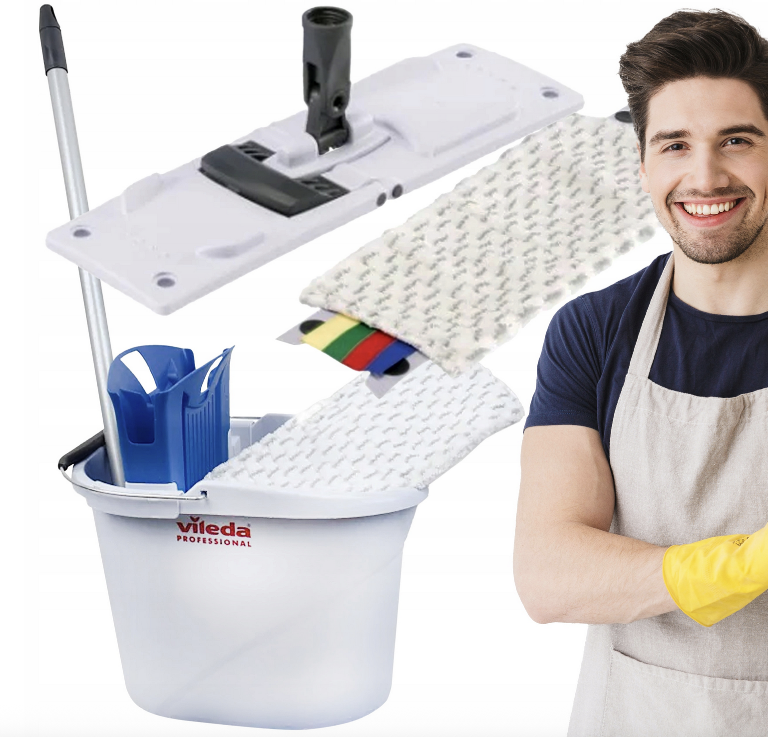 Zestaw Vileda UltraSpeed Mini do czyszczenia: wiadro 10l, kij teleskopowy, uchwyt, nakładka mopów i wyciskarka.