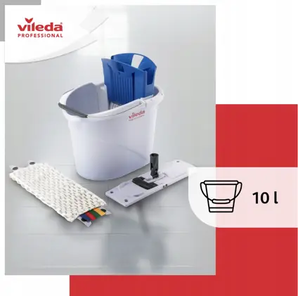 Vileda UltraSpeed Mini zestaw do czyszczenia: białe wiadro 10l, niebieski uchwyt, nakładka mopa, kij i wyciskarka.