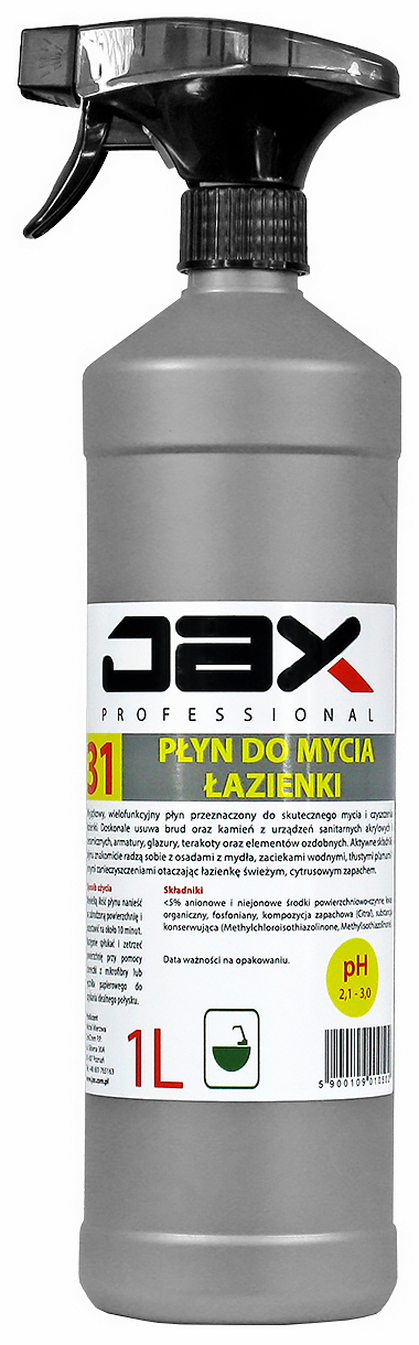 JAX Płyn do mycia łazienki 31 w sprayu 1 litr, opakowanie szare z czarnym rozpylaczem