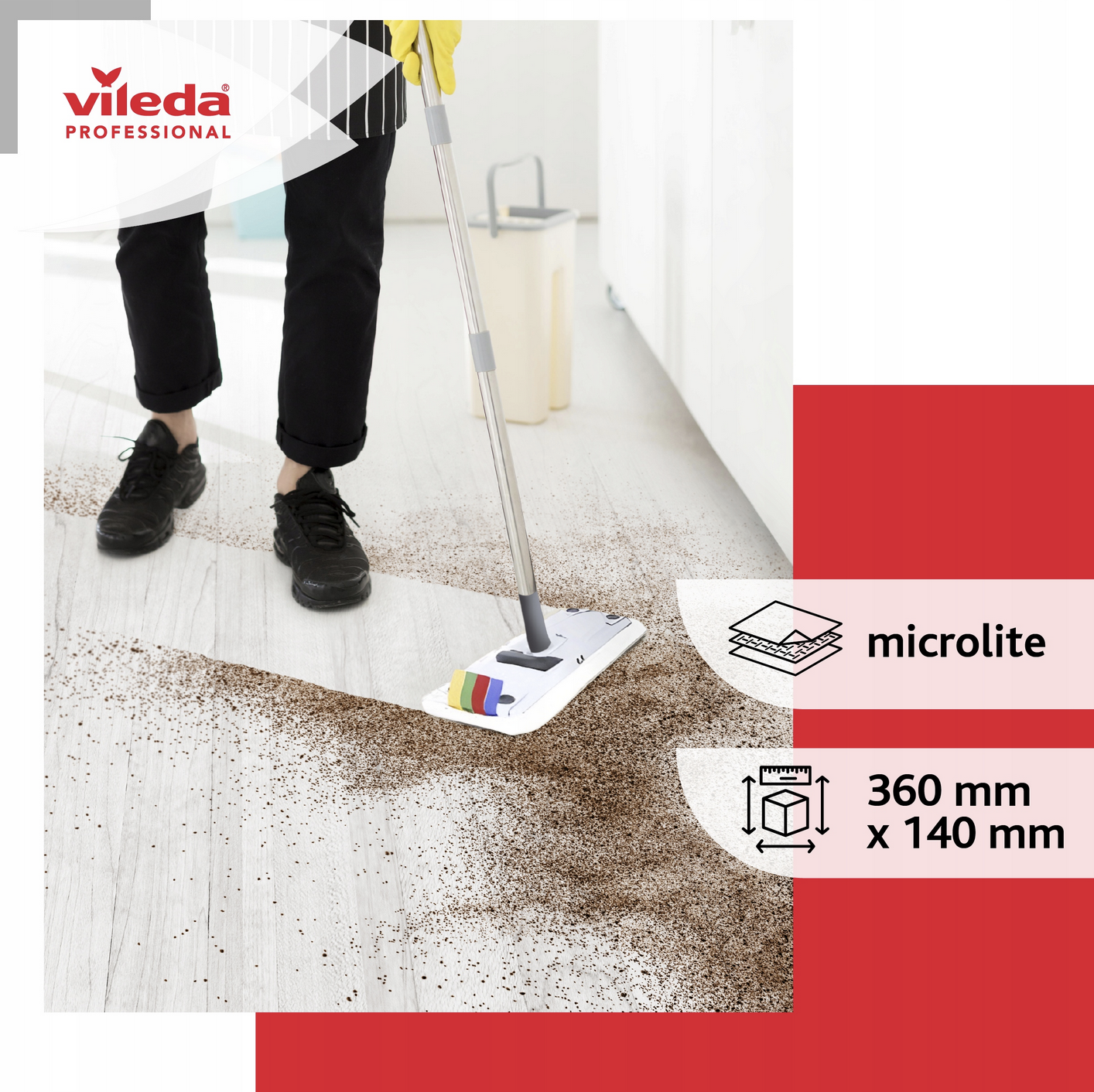 Nakładka mopa Vileda UltraSpeed Mini Microlite, płaska, biała z kolorowymi włóknami, wymiary 360x140 mm.