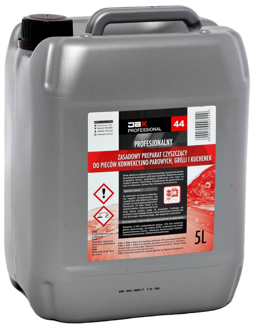 JAX Płyn do pieców Zasadowy 44 5L Czyszczenie pieców konwekcyjno-parowych, grilli, kuchenek Wysokoalkaliczny środek do intensywnego czyszczenia pieców konwekcyjno - parowych, grilli i kuchenek. Skutecznie usuwa przypalony tłuszcz, pozostałości grillowania oraz nalot na szybach pieców konwekcyjno-parowych i kominków.
Preparat przeznaczony do ...