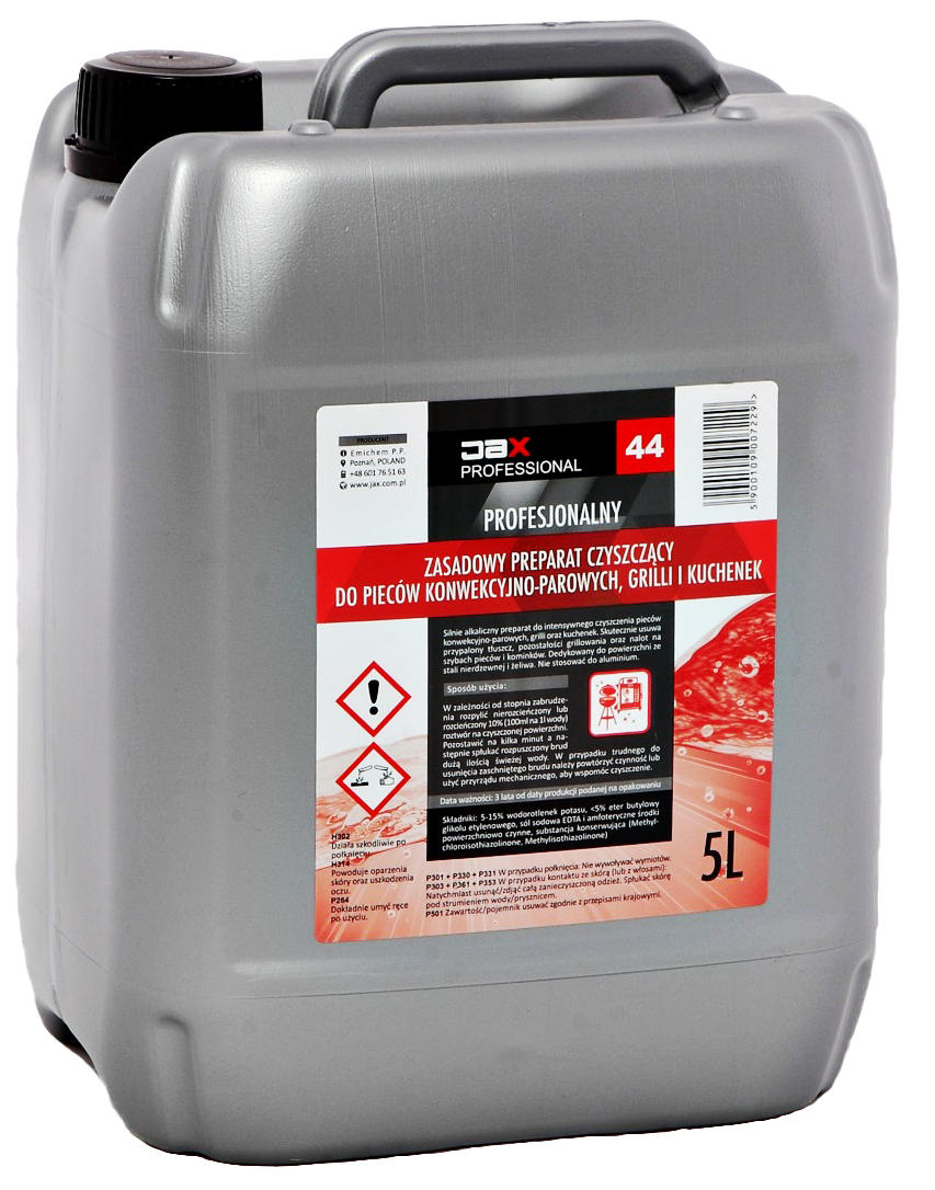 JAX Płyn do pieców Zasadowy 44 5L Czyszczenie pieców konwekcyjno-parowych, grilli, kuchenek Wysokoalkaliczny środek do intensywnego czyszczenia pieców konwekcyjno - parowych, grilli i kuchenek. Skutecznie usuwa przypalony tłuszcz, pozostałości grillowania oraz nalot na szybach pieców konwekcyjno-parowych i kominków.
Preparat przeznaczony do ...