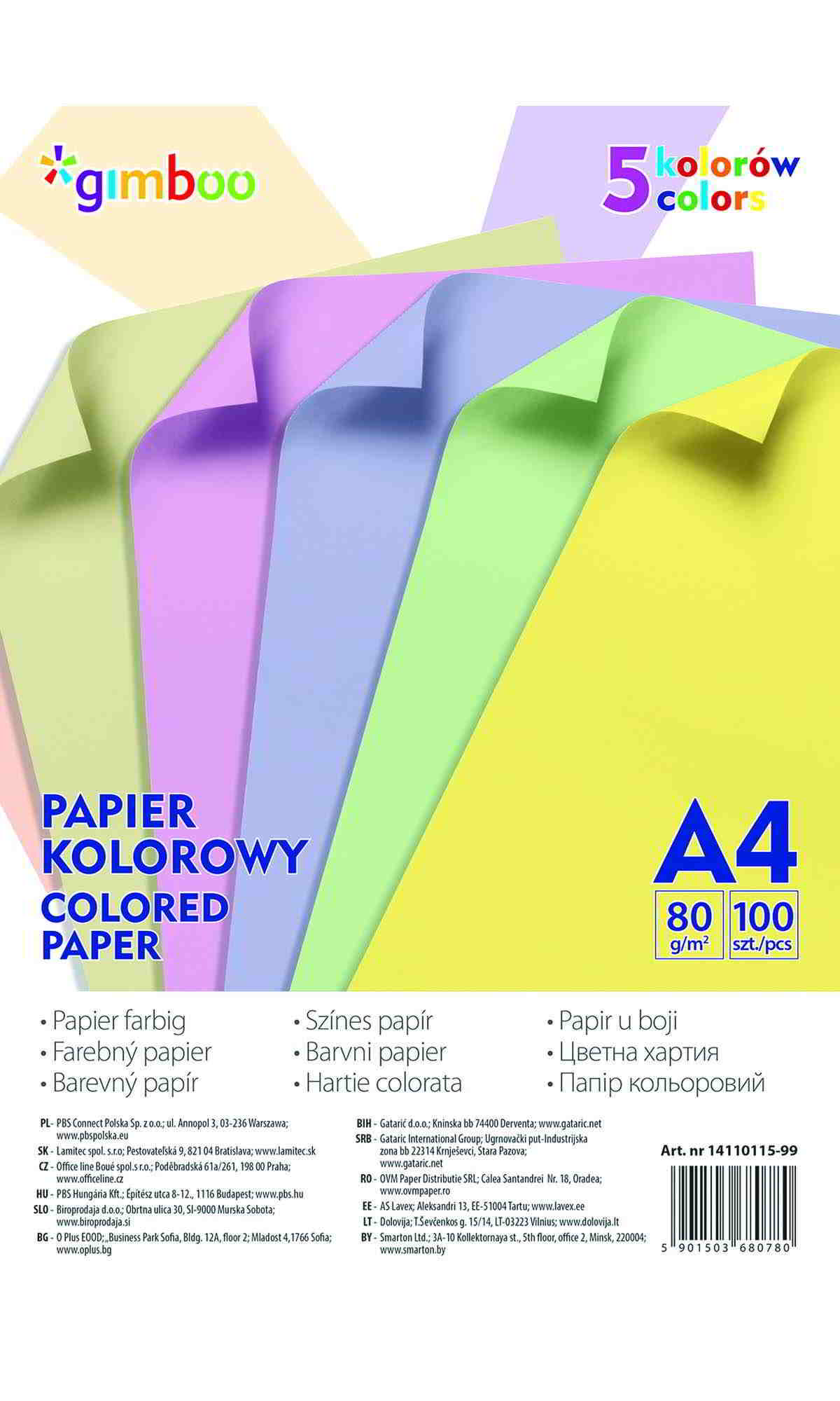 Papier kolorowy A4 80g w 5 pastelowych kolorach, 500 arkuszy, opakowanie Gamboo