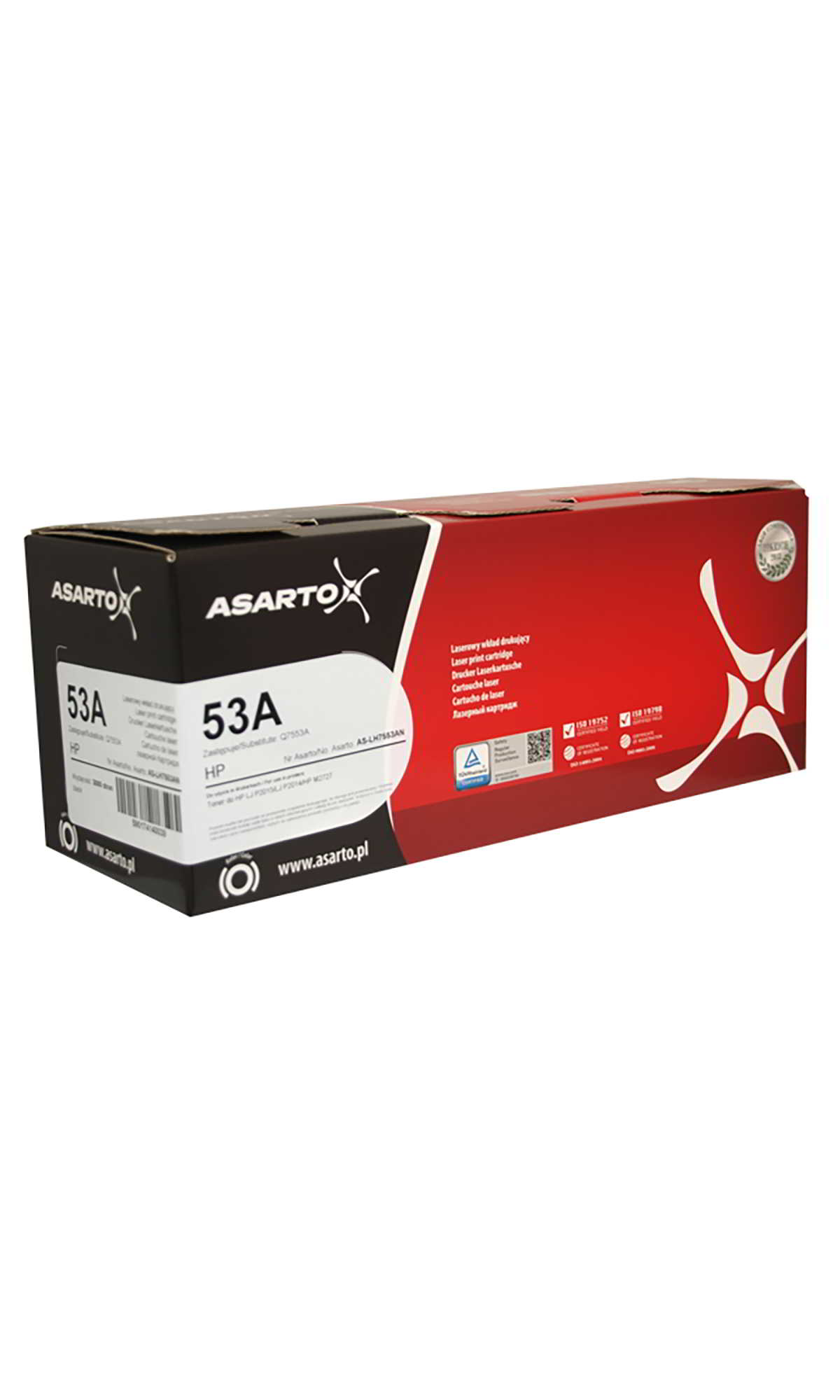 Toner ASARTO 53A do drukarek HP, wydajność 3000 stron, opakowanie z czarno-czerwonym pudełkiem.
