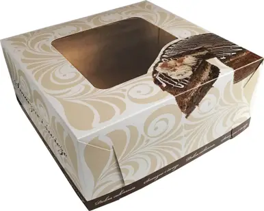 Karton cukierniczy 32x32x14 cm dwuczęściowy z okienkiem, ornament beżowy, z wystawką do tortu