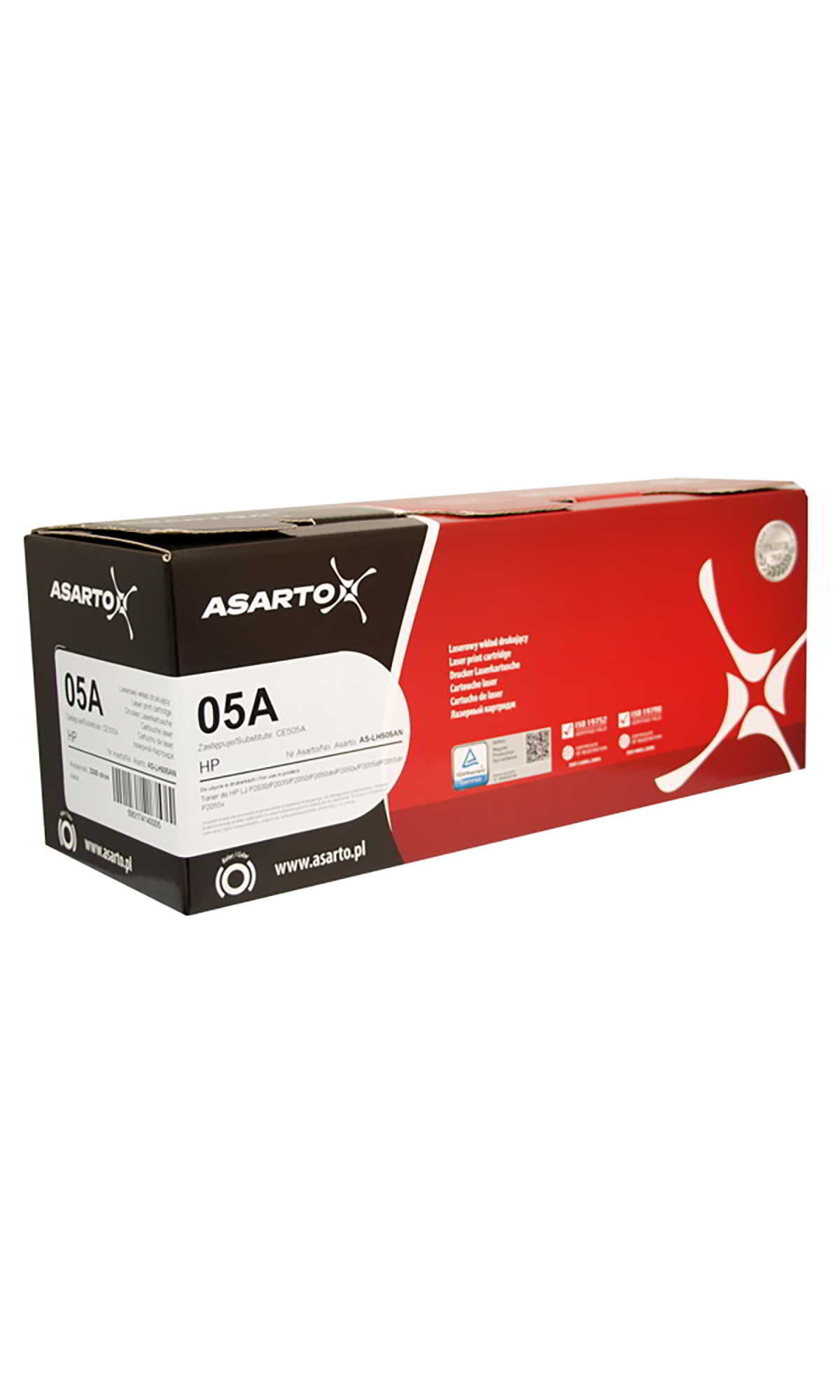 Toner HP 05A CE505BN ASARTO w opakowaniu kartonowym czerwono-czarnym.