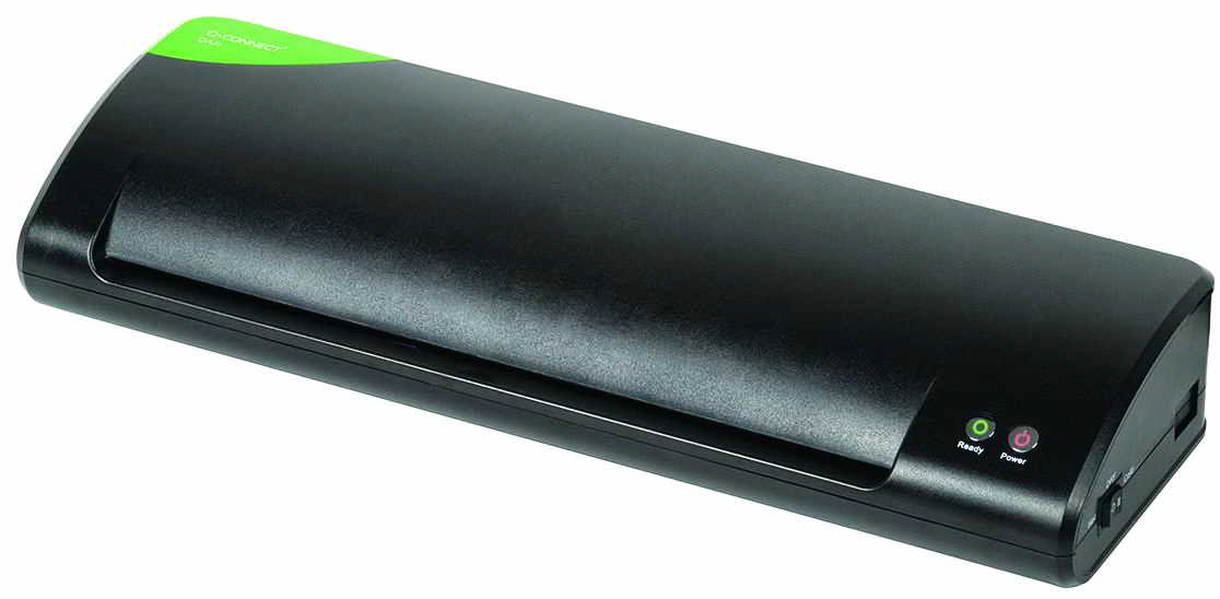 Laminator A3 czarny z zielonym panelem górnym, walcowy wlot i przyciski obsługi na boku