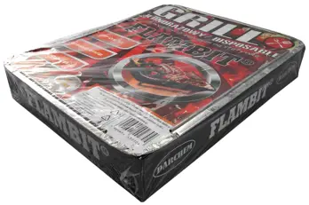 Flambit grill jednorazowy z wkładem na bazie węgla drzewnego gotowy do użytku, świetny na piknik, kompaktowe wymiary sprawiają, że nie zajmuje on dużo miejsca i jest bardzo poręczny. Nie zawiera artykułów żywnościowych, go grillowania należy użyć tacki...