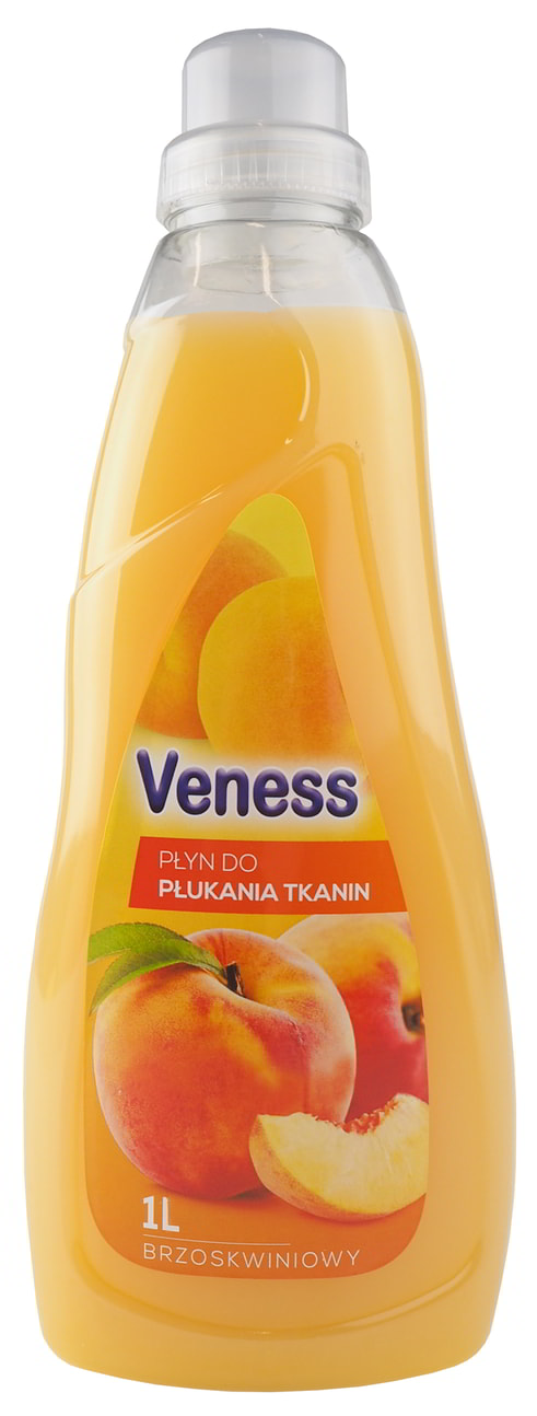 Płyn do płukania VENESS 1LKONCENTRAT 1L=4 / BRZOSKWINIA Płyn do płukania tkanin Veness 1L brzoskwiniowy w butelce ze wskaźnikiem porcji