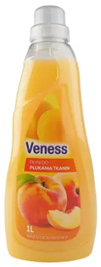 Płyn do płukania VENESS 1LKONCENTRAT 1L=4 / BRZOSKWINIA Płyn do płukania tkanin Veness 1L brzoskwiniowy w butelce ze wskaźnikiem porcji
