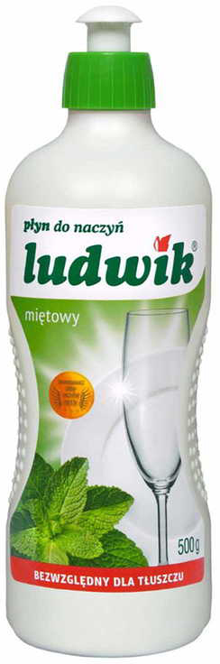 Płyn do naczyń Ludwik mietowy 500ml biały z zielonym zagłówkiem i etykietą