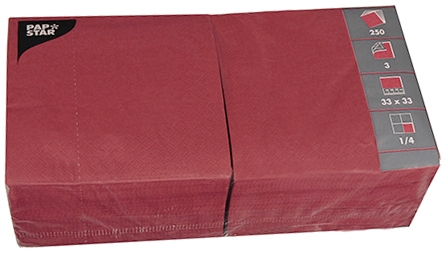 Serwetka kolorowa 33/33 3war. 250szt BORDOWA Serwetki gastronomiczne składane 1/4 o wymiarach33 x 33cm,to wysokiej jakości produkty przeznaczone do użytku zarówno w lokalach gastronomicznych jak i w domu. Serwetki znajdą zastosowanie w wielu sytuacjach i warunkach. Wykonane z celulozy. Opakowanie...