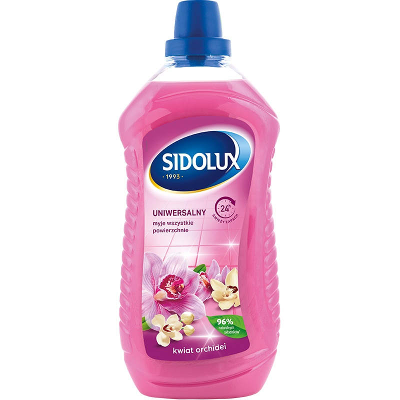 Płyn Sidolux uniwersalny do mycia 1L Kwiat Orchidei w różowym opakowaniu z niebieską nakrętką.