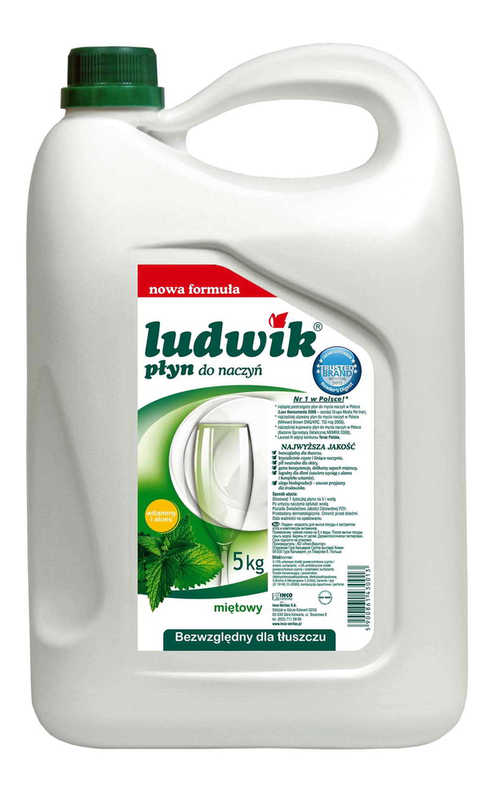 Płyn do naczyń Ludwik Mięta 5kg Płyn do mycia naczyń Ludwik posiada bardzo dobre właściwości myjące oraz wysoką zdolność do emulgowania tłuszczów. Nie pozostawia zacieków na umytych powierzchniach, nadaje im połysk bez konieczności wycierania. Jest wydajny, bezpieczny dla środowiska....