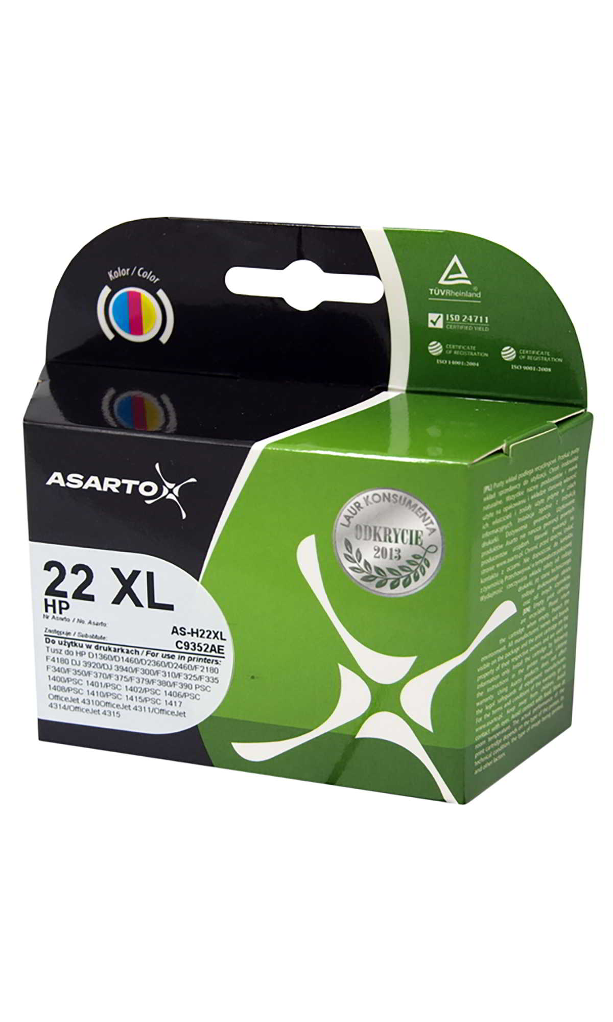Tusz HP 22 XL kolor ASARTOX zamiennik do drukarek HP, pojemność 18ml w zielonym opakowaniu.