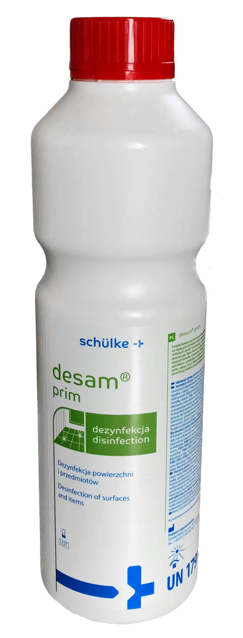 Desam Prim do dezynfekcji 1L, skoncentrowany środek dezynfekcyjny w białej butelce z czerwoną nakrętką.