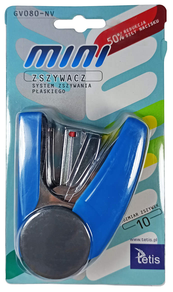 Zszywacz MINI wspomaganie TETIS GV080 Mini zszywacz TETIS GV080 system płaskiego zszywania niebieski w opakowaniu blister