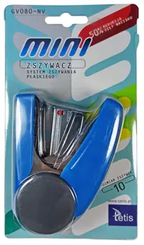 Zszywacz MINI wspomaganie TETIS GV080 Mini zszywacz w obudowie z tworzywa sztucznego, części mechaniczne metalowe. System zszywania płaskiego pozwala zaoszczędzić 30% wolnego miejsca podczas archiwizacji dokumentów. Specjalnie skonstruowana dźwignia redukuje siłę nacisku do 50%. Dostosowan...