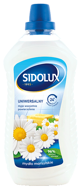 Płyn SIDOLUX uniwersalny do mycia 1L mydło marsylskie Soda Power w przezroczystej butelce z niebieską nakrętką.