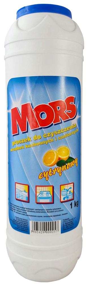 MORS proszek do czyszczenia WC 1kg cytrynowy w białym opakowaniu z niebieską etykietą