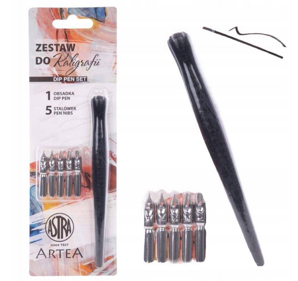 Zestaw do kaligrafii przeznaczony jest dla osób rozpoczynających naukę kaligrafii, letteringu oraz szkicowania. Zestaw zawiera:

   *1x obsadkę
   *5x stalówek