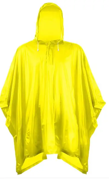 Przeciwdeszczowy płaszcz z kapturem ponczo. Wykonane z polietylenu.

Wymiary: 203x127cm.