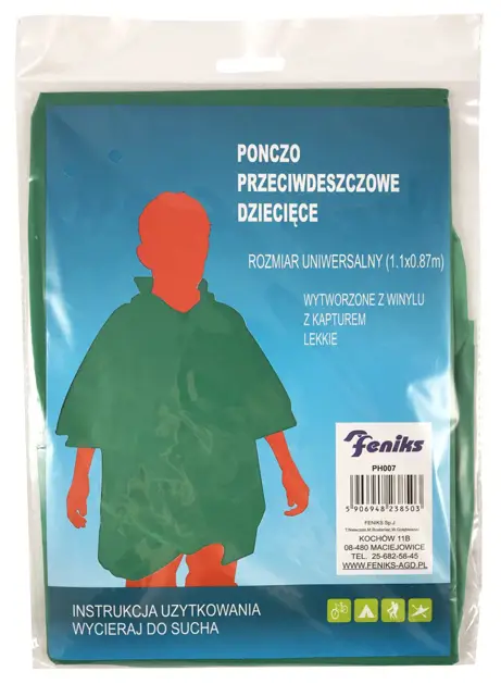 Przeciwdeszczowy płaszcz z kapturem ponczo. Wykonane z polietylenu.

Wymiary: 203x127cm.