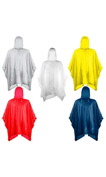 Przeciwdeszczowy płaszcz z kapturem ponczo. Wykonane z polietylenu.

Wymiary: 203x127cm.