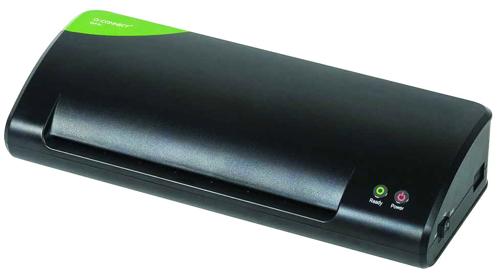 Laminator A4 z zielonym panelem sterowania, czarny korpus, wskaźniki Ready i Power