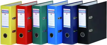 Segregator w formacie: A5, wykonany z 2mm tektury, szerokość grzbietu: 70mm. Metalowe okucia dolnej krawędzi, wymienna etykieta do opisu. Oklejka kolorowa, pokryta folią polipropylenową. Mechanizm dźwigniowy z dociskiem.