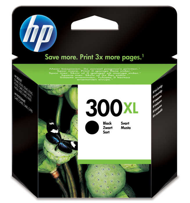 Tusz HP 300 XL czarny w opakowaniu z zieloną i czarną grafiką oraz logiem HP