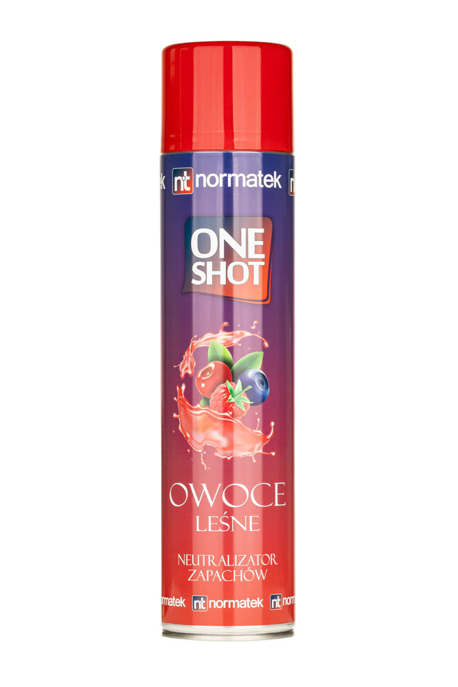 Odświeżacz Normatek One Shot owoce leśne 600ml, spray w aerozolu z czerwonym wieczkiem.