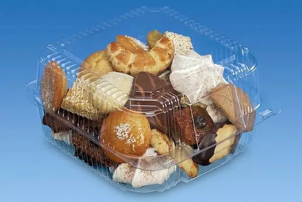 Pojemnik cukierniczy PET K-25 prostokątny przezroczysty z zawiasową przykrywką 700ml.