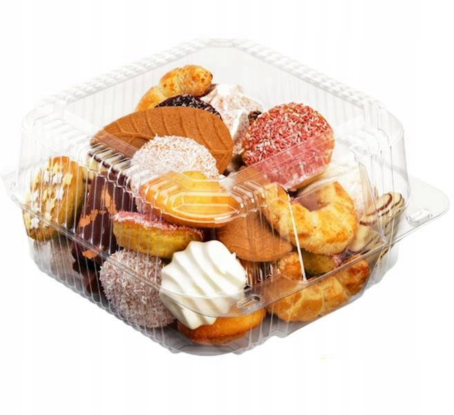 Pojemnik cukierniczy PET K-25 prostokątny przezroczysty z zawiasową przykrywką 700ml zawierający ciastka i wypieki.