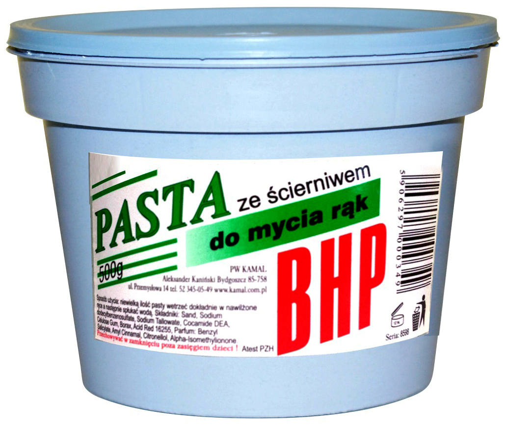 Ekonomiczna pasta BHP, polecana do stosowania w zakładach przemysłowych, warsztatach oraz innych miejscach pracy. Doskonale myje mocno zabrudzone dłonie, dzięki zawartości składnika ściernego. Produkt posiada beżowy kolor oraz gęstą konsystencję.