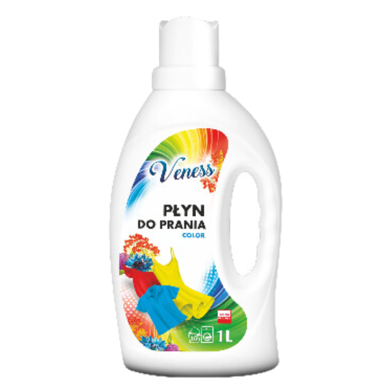 Płyn do prania VENESS COLOR 1L w białej butelce z kolorową etykietą.