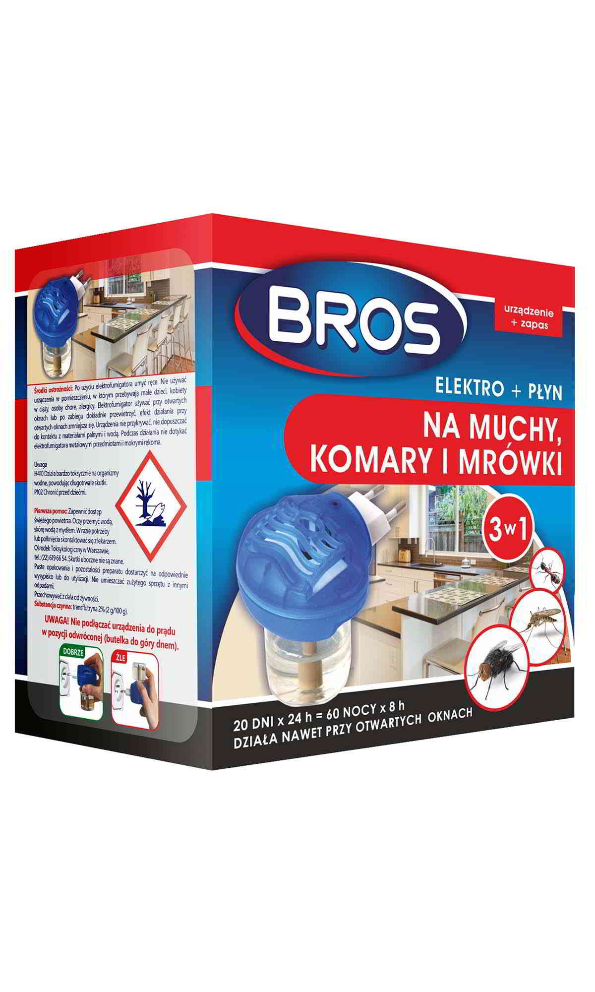BROS elektrofumigator na muchy, komary i mrówki 3w1 z płynem w komplecie, niebieskie urządzenie.