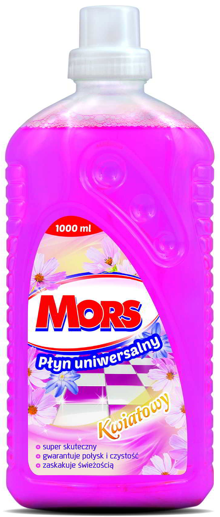 Płyn uniwersalny MORS 1000ml kwiatowy o zapachu kwiatów, opakowanie plastikowe z białą nakrętką.