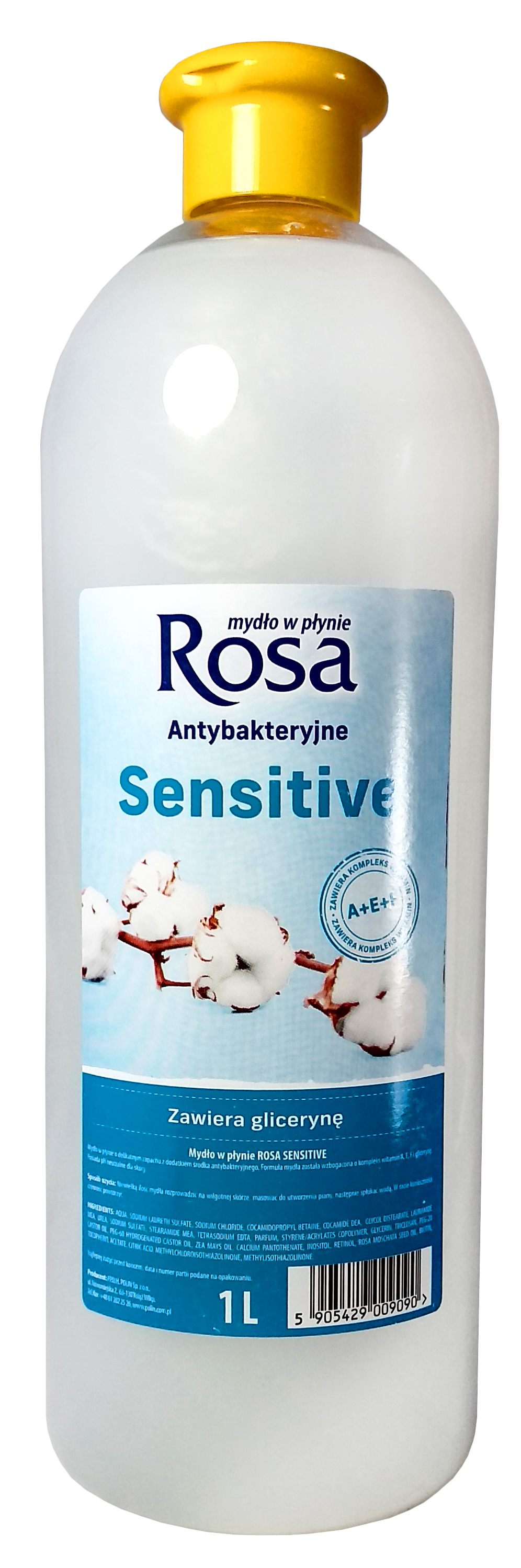Mydło w płynie Rosa Sensitive antybakteryjne białe 1L z gliceryną i bawełną