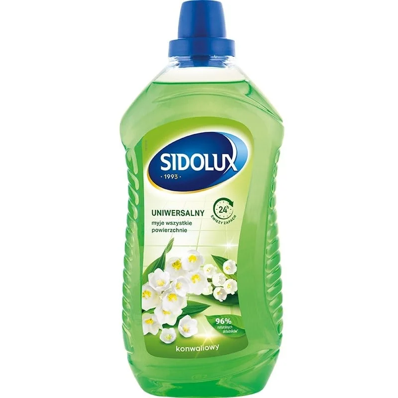Płyn SIDOLUX uniwersalny do mycia 1L o zapachu konwalii w zielonej butelce z niebieską nakrętką.