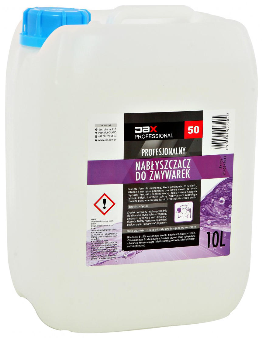 JAX nabłyszczacz do zmywarek 10L w białym kaniscie z niebieskim dozownikiem i etykietą fioletową