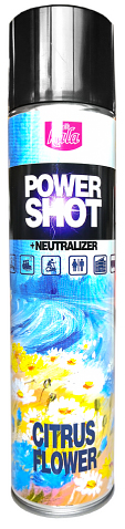 Odświeżacz POWER SHOT CITRUS 600ml KALA Odświeżacz POWER SHOT CITRUS 600ml Kala w aerozolu, opakowanie z etykietą niebiesko-żółtą o zapachu cytryny i kwiatów