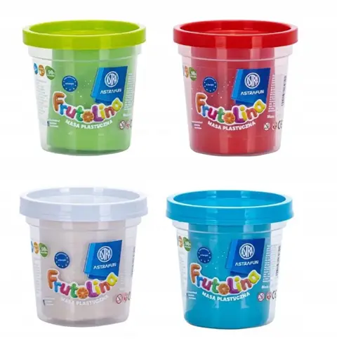 Masa plastyczna Frutolina Astra Fun 100g w słoiczku, zestaw czterech kolorów: zielonego, czerwonego, białego i niebieskiego.