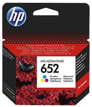 Tusz kolorowy HP 652 ORYGINAŁ w opakowaniu z logo HP i numerem 652, trójkolorowy wkład atramentowy.