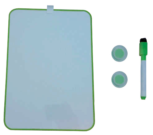 Tablica suchościeralna magnetyczna 24,5x34,5 cm z zielonym obramowaniem, 2 magnesami i markerem