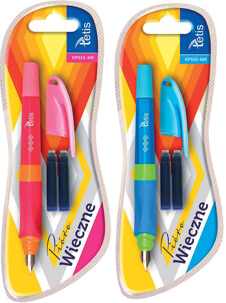 Pióro wieczne. Posiada specjalnie wyprofilowany, miękki, gumowy uchwyt oraz zapasowe naboje w komplecie /2 sztuki/. Opakowanie: blister