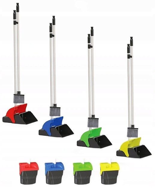 Szczotka do zamiatania z szufelką na kiju. Szufelka spełnia funkcję pojemnika zamykanego po zakończeniu zamiatania.

