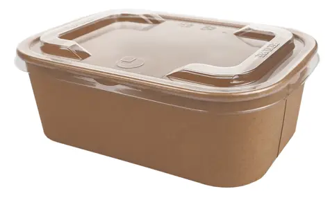 Miska papierowa Kraft prostokątna 800ml brązowa z przezroczystą pokrywką, do żywności i potraw na wynos.