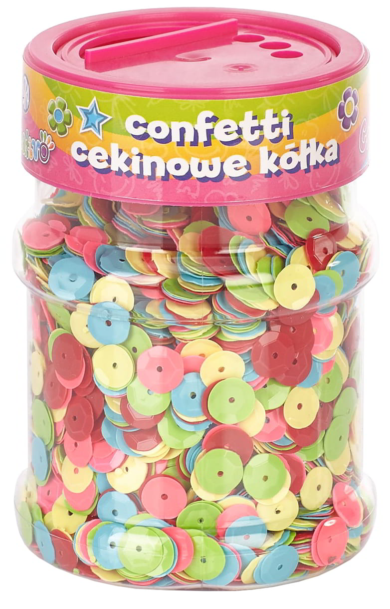 Cekiny kółka 100g w słoiku kolorowe do ozdób i prac plastycznych z dozownikiem.
