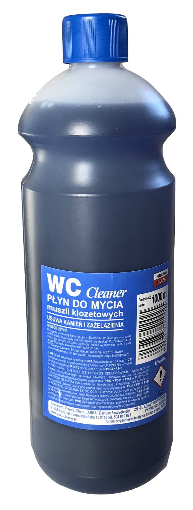 Płyn do WC CLEANER 1L w niebieskiej butelce z etykietą na białym tle.